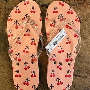 Printed flip flops pink with red cherries size 7/8